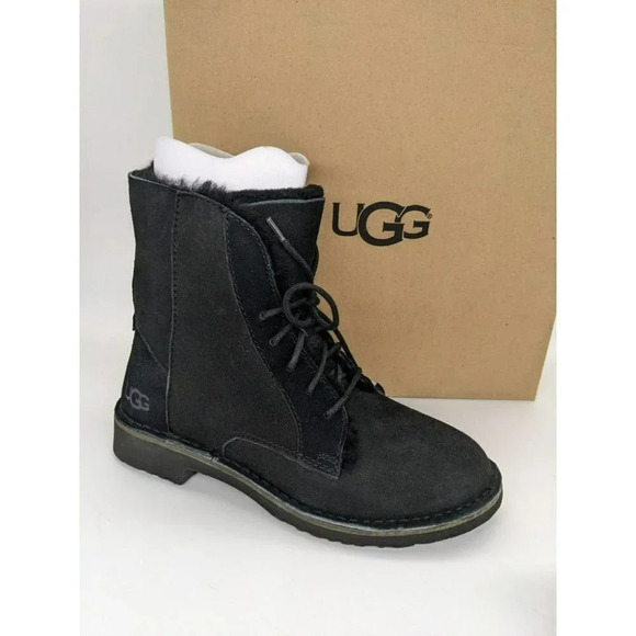 UGG Quincy Women's Faux Shearling Lined Combat Black Boots Size 5.5 - Picture 1 of 7